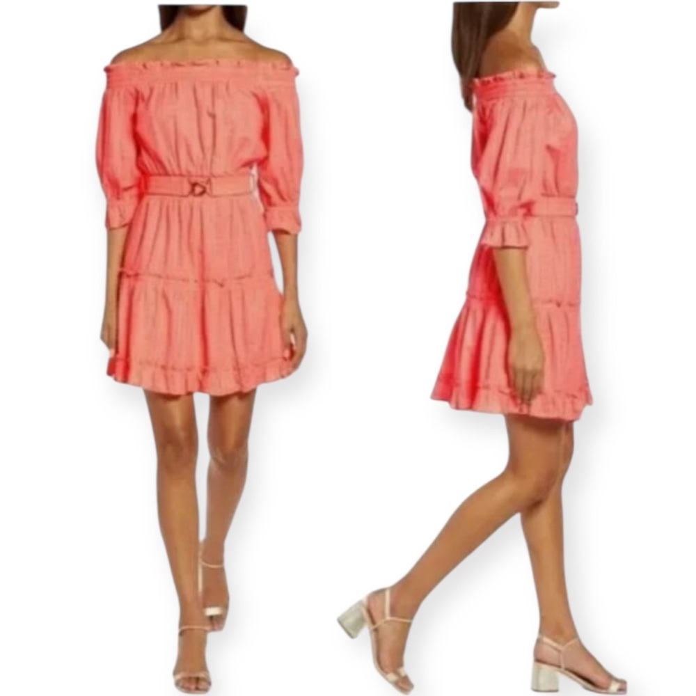 LILLY PULITZER Louisa Dress Papaya Punch Off The Shoulder Belted Tiered Mini NWT - Picture 2 of 13